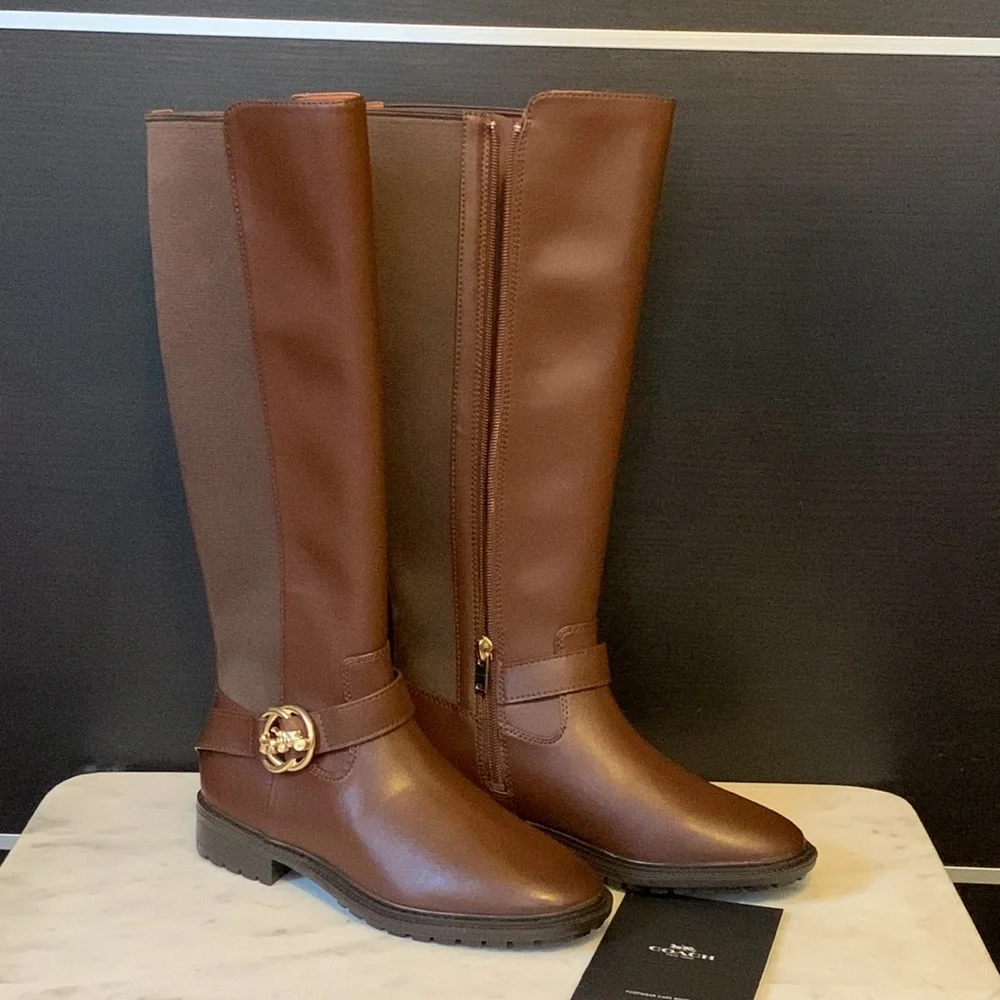 Coach Farrah Logo Buckle Tall Riding Boots in Brown